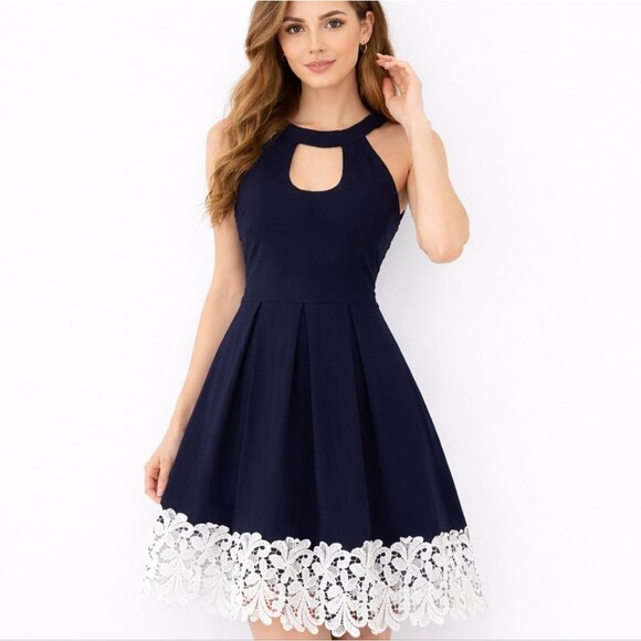 Dresses & Skirts - Halter Mini Dress Fit Flare Special Event Stretch Skater Navy White Lace Size S
